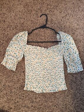Verge Girl Cream Smocked Puff Sleeve Crop Top with Teal & Mustard Dot Print